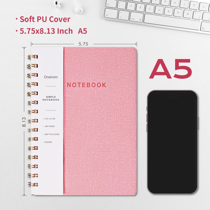 Oneirom Spiral Notebook, Pink Notebook-6.1x8.2 Inch College Ruled Journal with Inner Pockets and 160 Pages, PU Leather Cover Business Journal, Twin-Wire Binding Notebook Perfect for Office & Home - Image 2